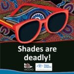 Social media tile with Aboriginal artwork, an image of a pair of sunglasses with the description reading